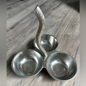 Vintage aluminum triple condiment server with a textured handle